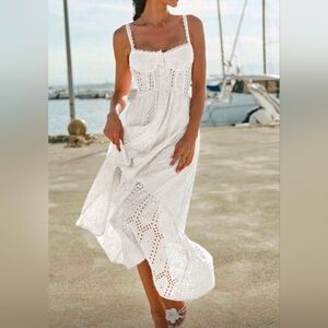 New Embroidered Eyelet Lace Bustier Corset Look Long Cami Dress White